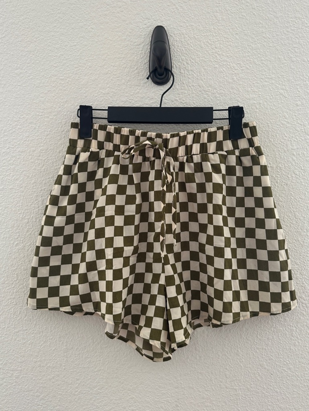 Isalis‎ Shorts Women M Green Checkered Elastic Waist Drawstring Retro